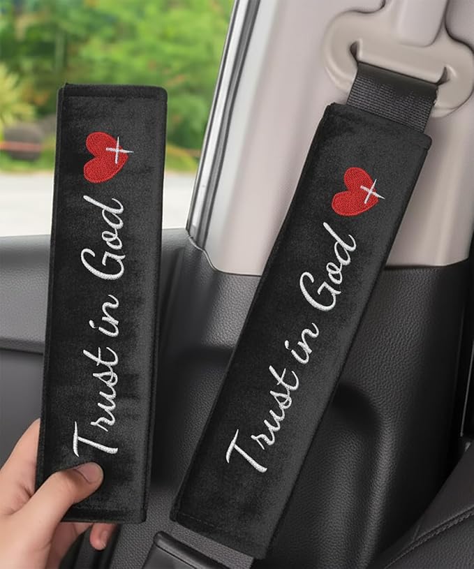 2 Pack Car Seat Belt Cover Pad with 3 PCS Trust in God Rearview Mirror Stickers,Soft Seatbelt Cushion Covers, Christian Car