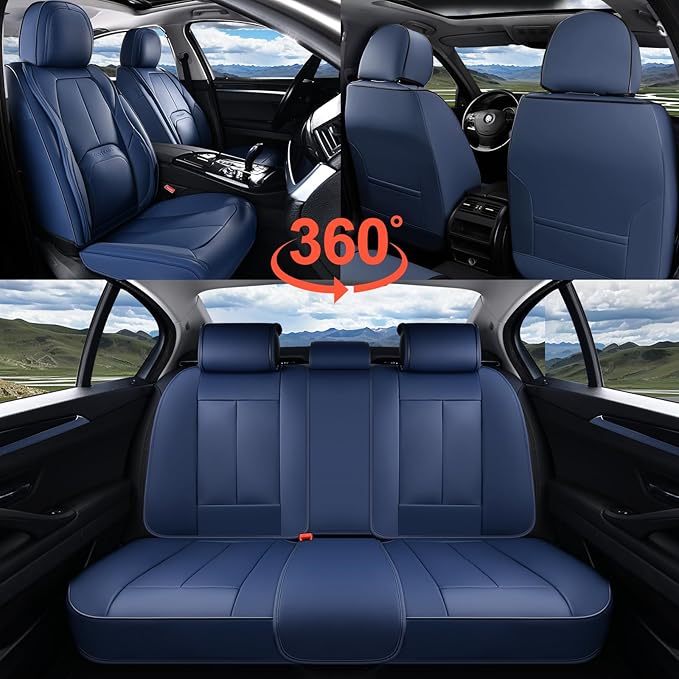 Coverado Car Seat Covers Full Set, Blue Car Seat Cover, Nappa Leather Seat Covers for Cars, Waterproof Car Seat Protector wit