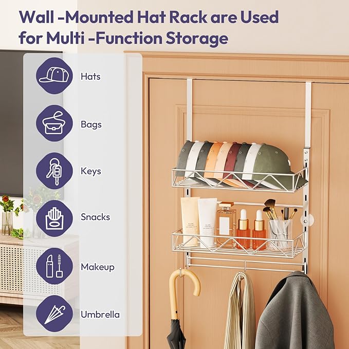 SWTYMIKI Over Door Hat Organizer - 3 Tier Wall Mounted Hat Rack with 2 Adjustable Metal Basket and 3 Hooks, Hanging Baseball 