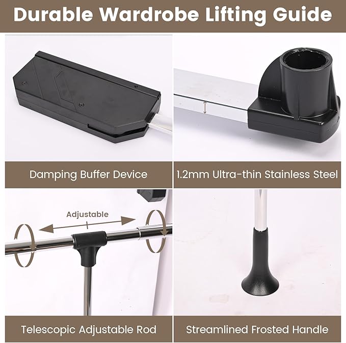 Pull Down Closet Rod, Adjustable 33-45 Inches Soft-Close Wardrobe Rail, Two-way Buffering Stainless Steel Back Mounted Organi