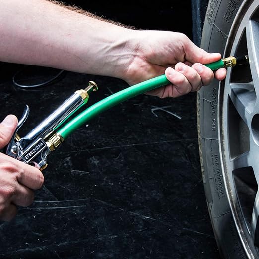 STEELMAN 75052 Straight Chuck Tire Inflator with Built-in Gauge and Green 12-Inch Hose