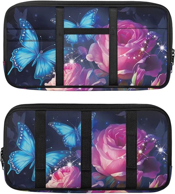 Butterfly Rose Zippered Heavy Duty Car with Adjustable Straps and Multi-Pocket Sun Visor Organizer Sun Visor Storage Bag with Picture Holder Easy Installation Universal Fit for Most Cars Suv