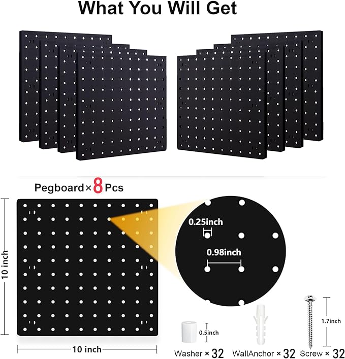 8Pcs Pegboard Wall Organizer Panels Black ABS Pegboard Wall Mount for Home, Craft Room, Garage, Kitchen, Workshop, Tool Organ