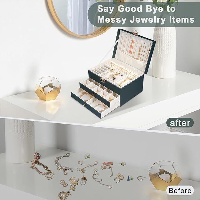 GUOER Jewelry Box for Women Girl Wife 3 Layers Large PU Leather Jewelry Organizer Storage Case with Two drawers Display for E