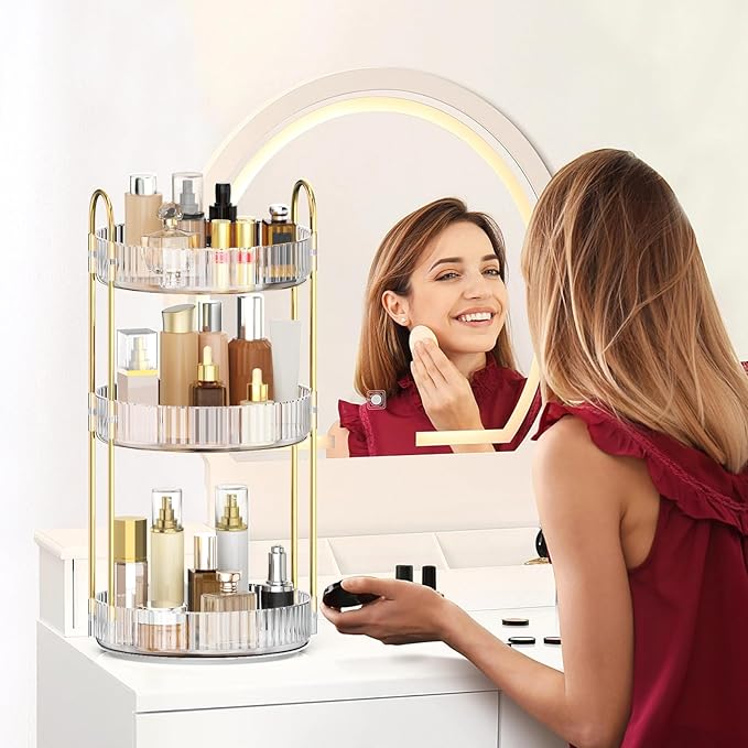MOKANI 360 Rotating Makeup Organizer for Vanity, 3 Tier Adjustable Perfume Organizer for Dresser, Multi-Function Spinning Cos