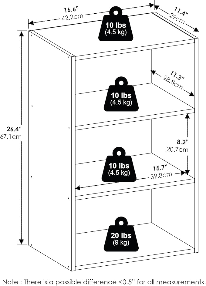 Furinno Basic Book Shelf, 3-Tier Bookshelf, Storage Organizer Bookcase with Open Shelf, 11 x 17 x 26, for Living Room, Bedroo