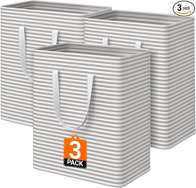 3 Pack Large Laundry Basket,Waterproof & Freestanding Laundry Hamper,Collapsible Clothes Hampers with Easy Carry Long & Reinf
