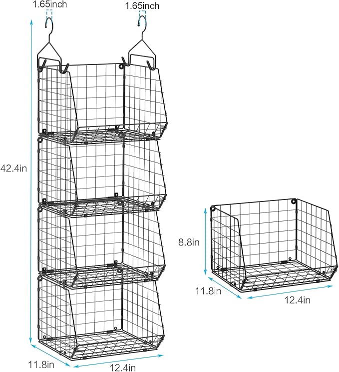 4 Tier Closet Hanging Organizer, Closet Organizers and Storage with 5 S Hooks, Closet Hanging Shelves & Freestanding Wire Sto