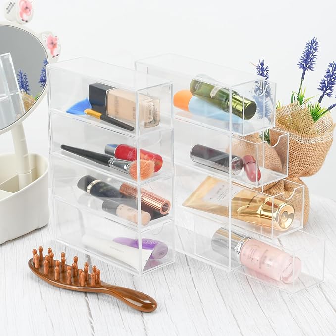 2 Pack Desktop Organizers of 8 Storage Drawers, Clear Acrylic Glasses Storage Drawers Organizer Office Desk Organizer for Van