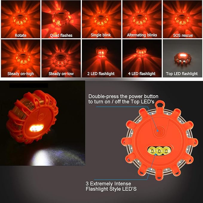 Tobfit 12 Pack LED Road Flares Emergency Lights Roadside Safety Beacon Disc Flashing Warning Flare Kit with Magnetic Base & H
