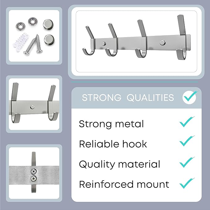 Brushed Nickel Coat Rack Wall Mount with 4 Double Hooks for Hanging – 12 Inch Heavy Duty SUS304 Stainless Steel Rustic Coat H