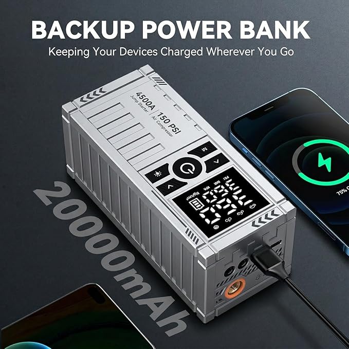 Car Battery Jump Starter with Air Compressor - 4500A Battery Jumper Starter Portable (9.0 Gas/8.0L Diesel) with 150PSI Tire