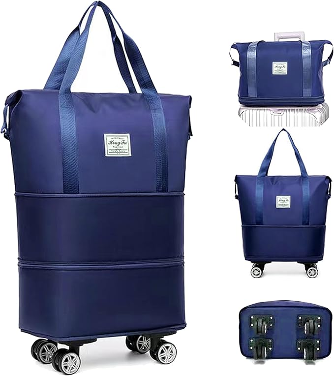 Expandable Foldable Duffel Bag with Detachable Rolling Wheels, Large Carry-On Luggage for Travel, Gym, Camping, Shopping, Business Trip (Blue)