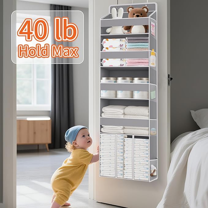 TAHAVICE Heavy Duty Over the Door Organizer with Large Capacity Caddy, Behind Door Storage with 10 Mesh Side Pockets, Back of