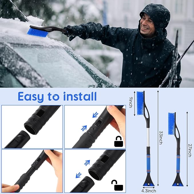 27"-33" Snow Brush and Detachable Ice Scraper with Ergonomic Foam Grip Scalable Range 27" Winter Accessories for Cars Trucks SUV(Blue)