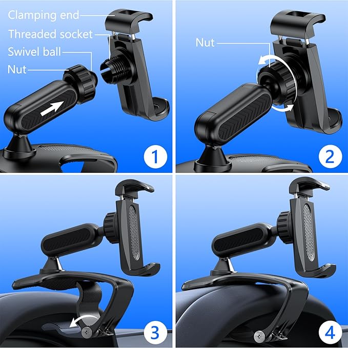 Car Dashboard Phone Clip Holder, 360° Rotating Dash Steering Wheel Cell Phone Clamp Mount Stand Compatible with 4-7 Inch Smartphones (Black)