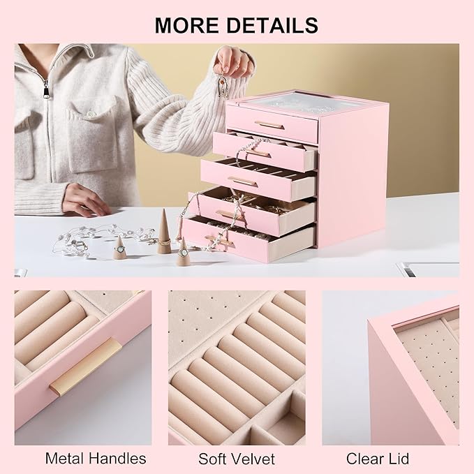 Frebeauty Clear Lid Jewelry Box,5-Layer Jewelry Organizer with Drawer,PU Leather Jewelry Organizers and Storage,Jewelry Boxes