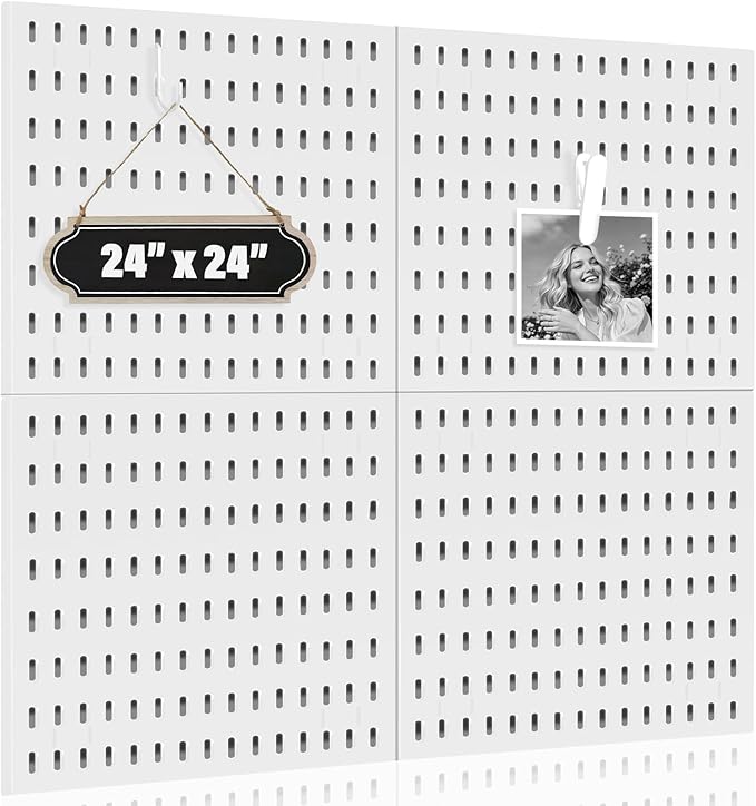 AKTOP Peg Board Wall Organizer 4-Pack – 12"x12" Plastic Pegboard Panels for Walls, White Desk Wall Mount Peg Board for Home, 