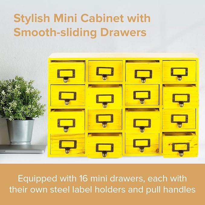 Yellow 16-Slot Wooden Drawer Unit - Country Style Desk Organizer - 20"x3.6”x14” Wooden Storage Box w/ 16 Drawers - Countertop
