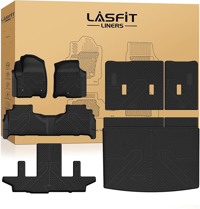 LASFIT Floor Mats & Cargo Liner with Backrest Mat 2021-2026 & Only 7 Seats (Not for 8/9 Seats) for Chevy Suburban/GMC Yukon XL (Only Yukon XL, Not Fit Yukon)/Cadillac Escalade ESV (Not Fit Escalade)