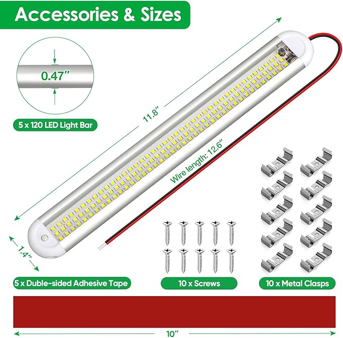 ropelux 12v Led Light Bar Strip, 120leds 1500LM 8W DC 12 Volt Led Strip Lights Fixtures with Switch, Enclosed Trailer Lights for RV Interior, Van, Truck Lorry, Camper, Boat, Caravan, Motorhome (5Pcs)