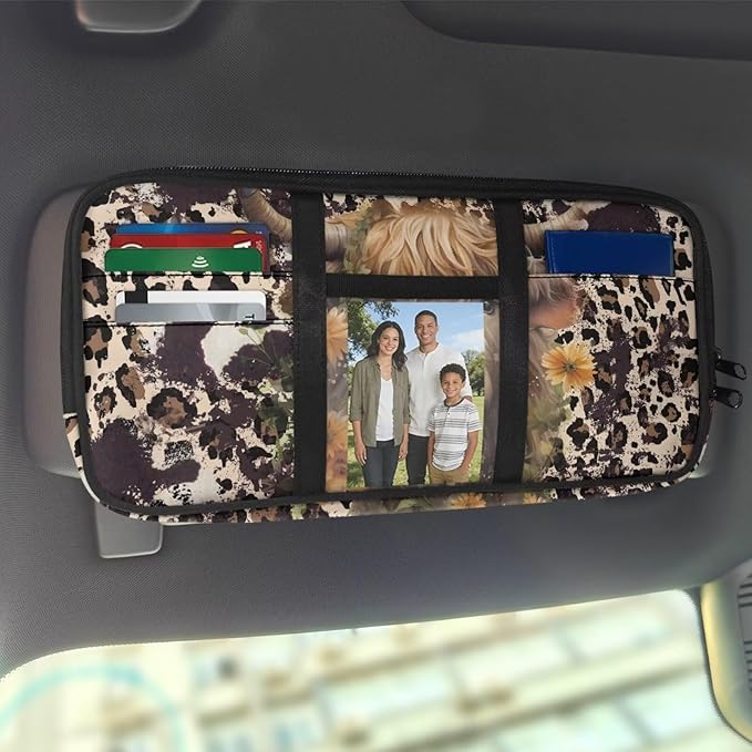 Cow Zippered Fancy Mobility Car Sun Visor Organizer with Picture Holder Glasses Storage Pouch with Adjustable Straps and Multi-Pocket Easy Installation Universal Fit for Most Cars SUV
