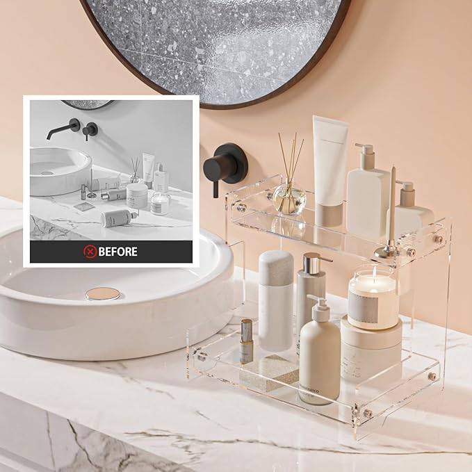 Bathroom Counter Organizer Countertop 2 Tier Storage Acrylic Corner Makeup Organizer for Perfume Stand, Vanity Holder, Dresse