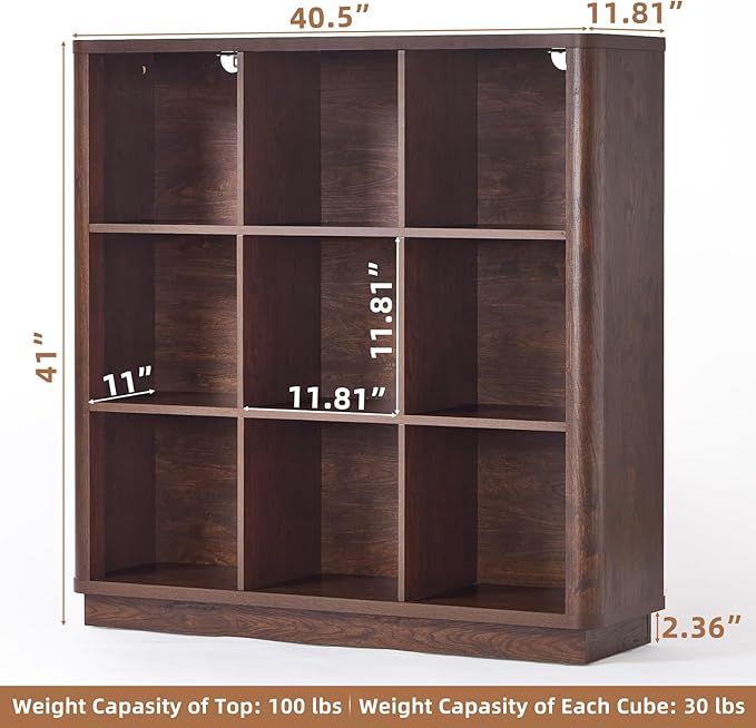 Joaxswe 9 Cube Bookshelf, 40.5" Wide Organizer Bookcase with Curved Edge, Wood Floor Standing 3-Tier Cubby Book Shelf with Ba