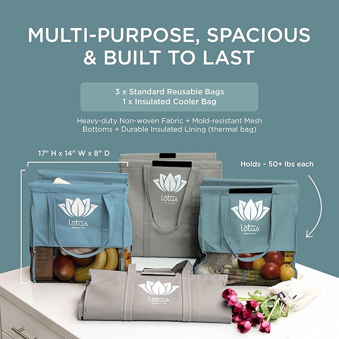 Lotus Earth Tone Trolley Reusable Shopping Bags (4-Pack) – Detachable & Reusable Grocery Bags Foldable with Insulated Grocery Bag & Egg/Wine Holder – Washable Shopping Tote to Save Time & Easy Storage