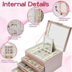 BOOVO Clear Lid Jewelry Box,3 Layers Jewelry Organizer Large Jewelry Storage Box with 2 Drawers,Jewelry Holder Organzier of R