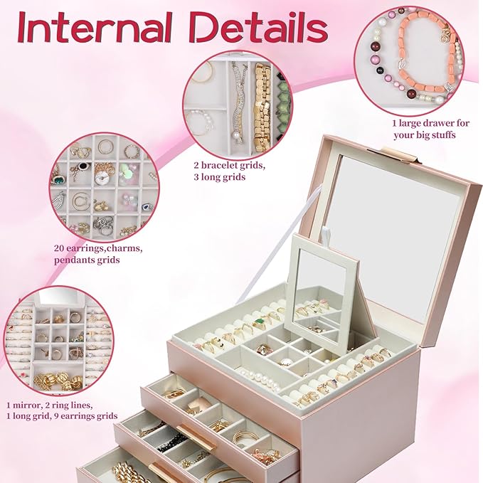 BOOVO Clear Lid Jewelry Box,3 Layers Jewelry Organizer Large Jewelry Storage Box with 2 Drawers,Jewelry Holder Organzier of R