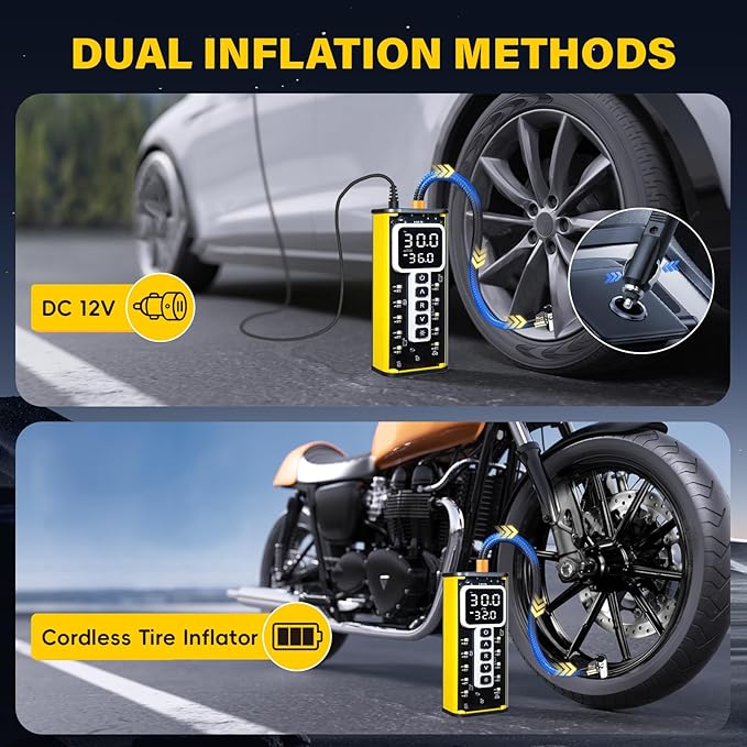 Upgraded Tire Inflator Portable Air Compressor, 150PSI Fast Cordless Air Pump for Car Tires, Auto Shut-Off Fast Inflation Tire Pump with Pressure Gauge & LED Light for Car, Bike, Motorcycle, Ball
