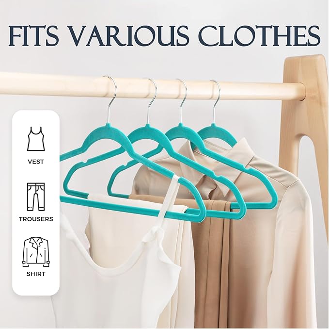 HOUSE DAY Mint Green Velvet Hangers 60 Pack, Non Slip Clothes Felt Hanger Heavy Duty for Coat, Premium Slim Space Saving Suit