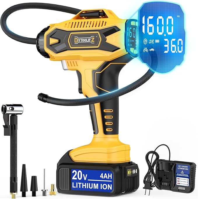 Cordless Tire Inflator Air Compressor Compatible with Dewalt 20V Battery, 160PSI Portable Air Pump with Digital Pressure Gauge, Fast Inflation for Cars, Motorcycles, Bikes(Bare Tool)