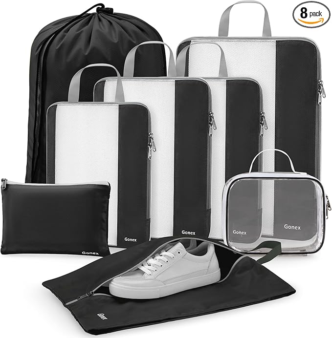 Gonex Expandable Mesh Packing Cubes - 8 Set Compression Organizer for Travel Essentials with Toiletry, Laundry, Shoe & Cable 