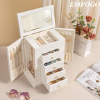 Emfogo Jewelry Boxes for Women, 5-Layer Large Leather Jewelry Organizer Box with Mirror and Drawers, Jewelry Storage for Neck