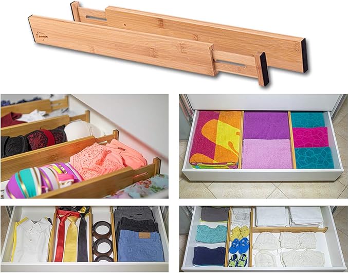 Adjustable Bamboo Drawer Dividers – SMALL SIZE, Expandable 12–16 inch – Spring Loaded Drawer Organizer for Kitchen, Dresser, 