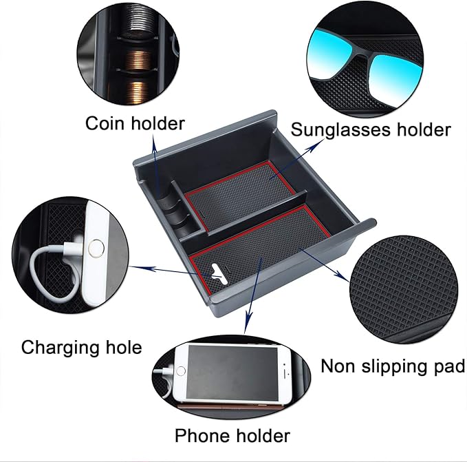 JKCOVER Center Console Organizer Tray Compatible with Toyota 4Runner 2010-2021 2022 2023 2024 and Kia Telluride 2020-2024 2025 Accessories Armrest Box Secondary Storage ABS Black Materials（RED Trim