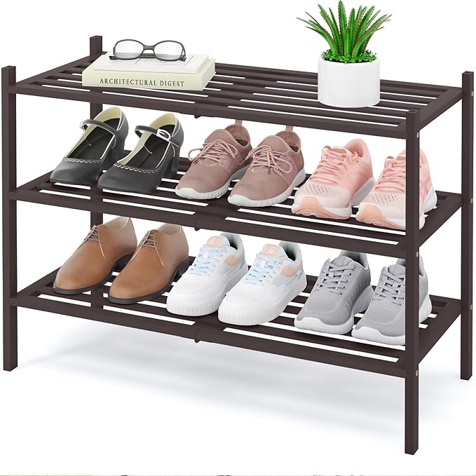 Smiry Bamboo Shoe Rack 3-Tier, Stackable Wooden Shoe Organizer for Entryway & Closet, Free Standing Wood Shoe Storage Shelf f