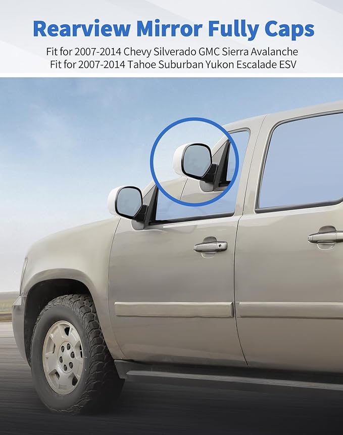 Rear view Mirror Fully Caps Covers Compatible with 2007-2014 Chevy Silverado GMC Sierra Avalanche Tahoe Suburban Yukon Escalade ESV Left Right Side View Mirror Cover Caps, White