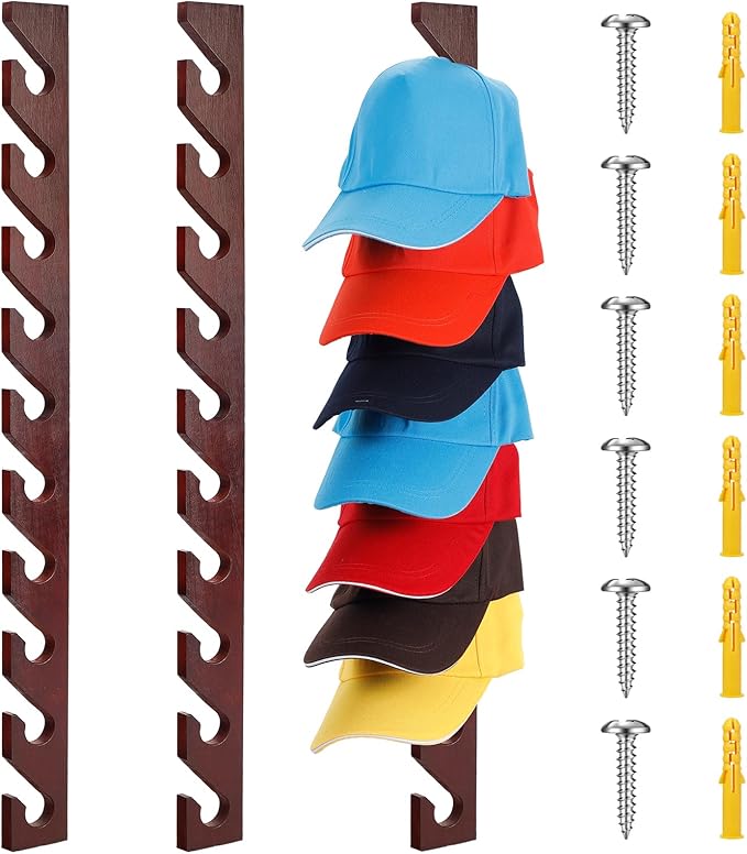 BBTO 3 Pack Wooden Hat Rack for Baseball Cap Wall Mount Hat Racks 30 Slot Vertical Baseball Cap Display Holder with 10 Hooks 