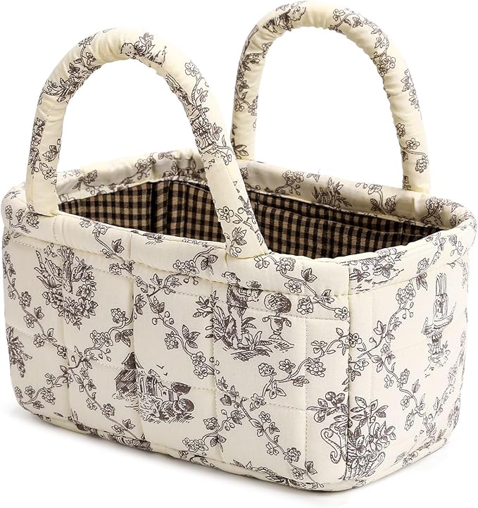 Small Storage Basket Organizer, Mini Fabric Floral Storage Baskets with Handle, Quilted Portable Collapsible Storage (Vine-Co