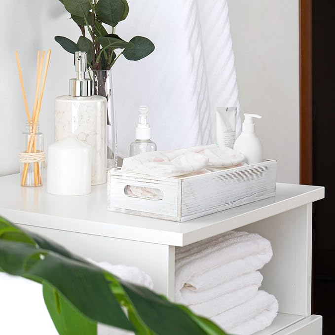 ALELION White Bathroom Basket - Wooden Toilet Tank Paper Basket with Handle for Organizing - Back of Toilet Storage Organizer