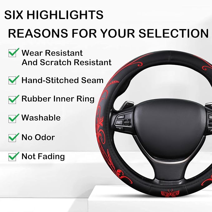 Red Embroidery Butterfly Car Steering Wheel Cover,14.5-15 Inch Universal Leather Covers Breathable Anti-Slip Odorless Steerin