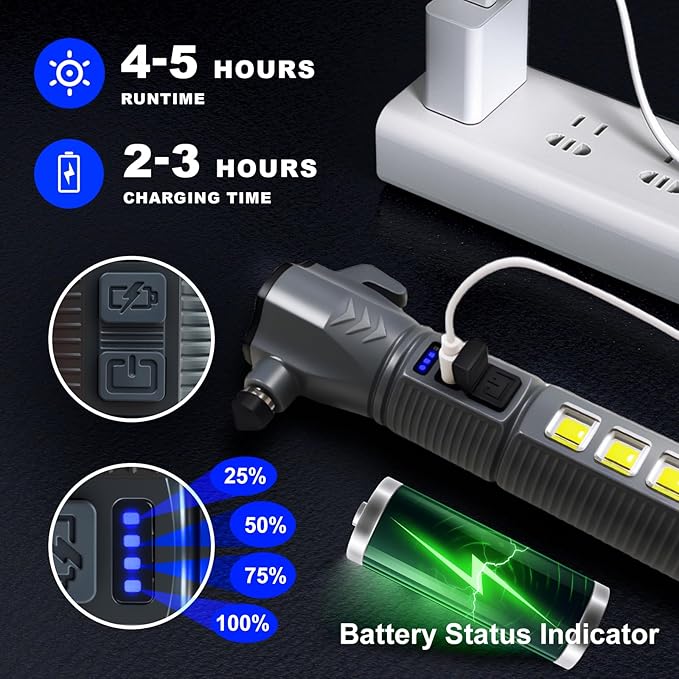 Black Emergency Car Flashlight - 2000 Lumen Dual Light 4-Level Battery Indicator Window Breaker & Seatbelt Cutter USB Recharg