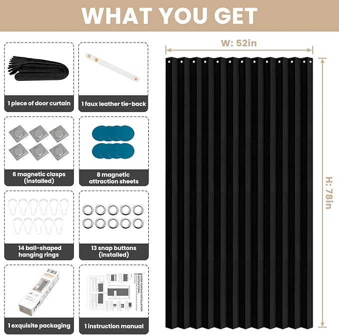Jilron Accordian Door Curtain, 100% Blackout Folding Magnetic Doorway Curtains,Linen Style Closet Doors,for Room Divider,Priv