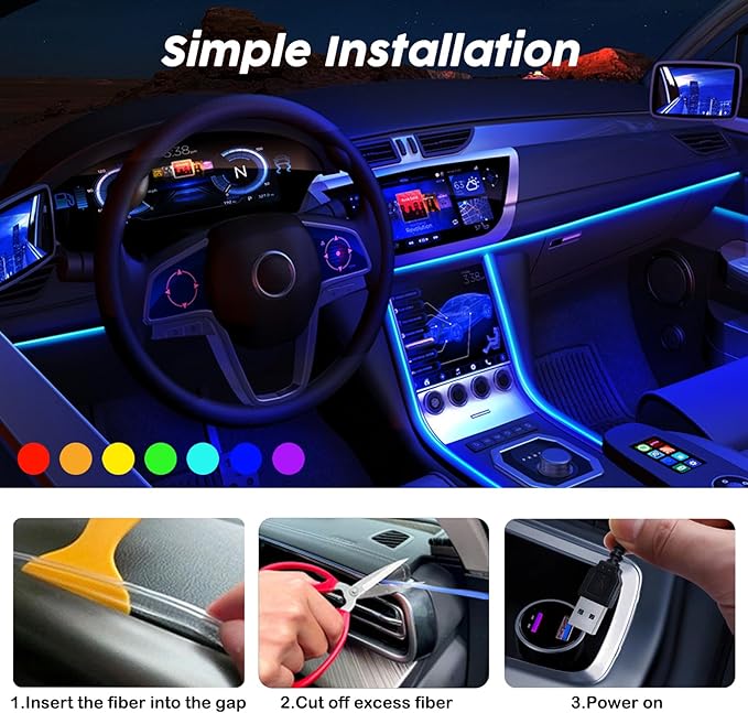 USB Car LED Lights, Interior Car Lights Strip 7 Colors Ambient Lighting with 118 inches Fiber Optic Music Sync Simple Installation EL Wire Lights (7 Colors/118 inches)