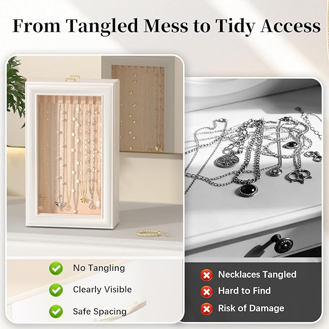 Necklace Organizer Box - 2-Layer Double-Sided Clear Lid Jewelry Storage Case, Anti-Tangle Necklaces Display Holder for Pendan