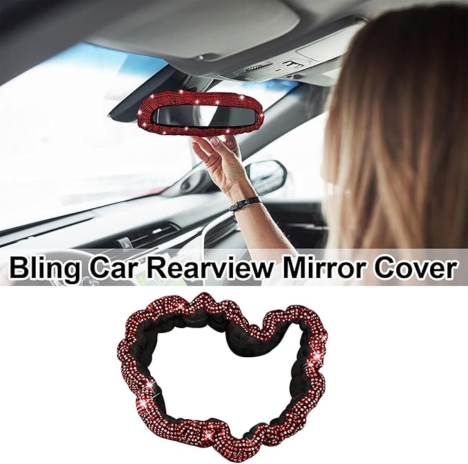 Bling Car Rearview Mirror Cover with Crystal Rhinestones Women's Full Drill Head Pillow Cover Interior Accessories - Universal Fit, Red