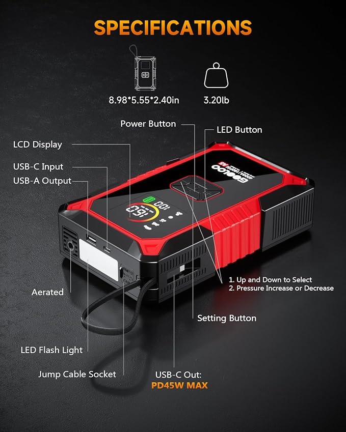 GOOLOO A5 Jump Starter with Air Compressor, 4000A Car Battery Jump Starter (All Gas/10.0L Diesel) with 160PSI Tire Inflator